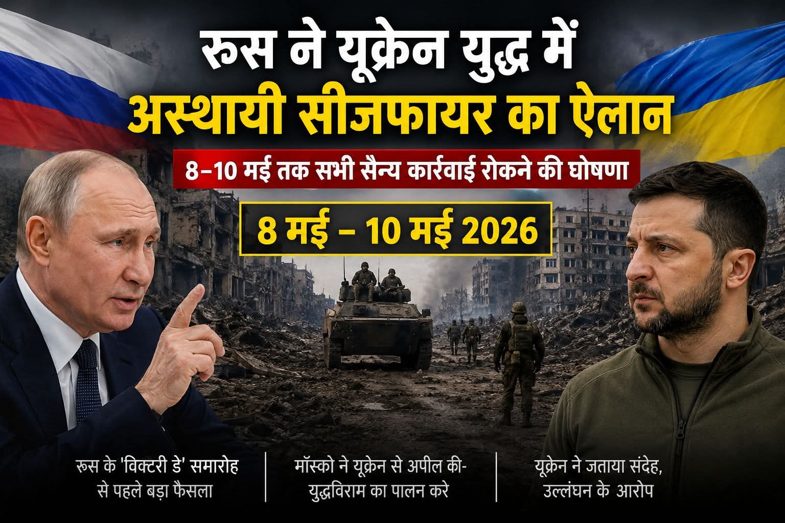 रूस ने 8–10 मई तक यूक्रेन युद्ध में अस्थायी युद्धविराम का ऐलान