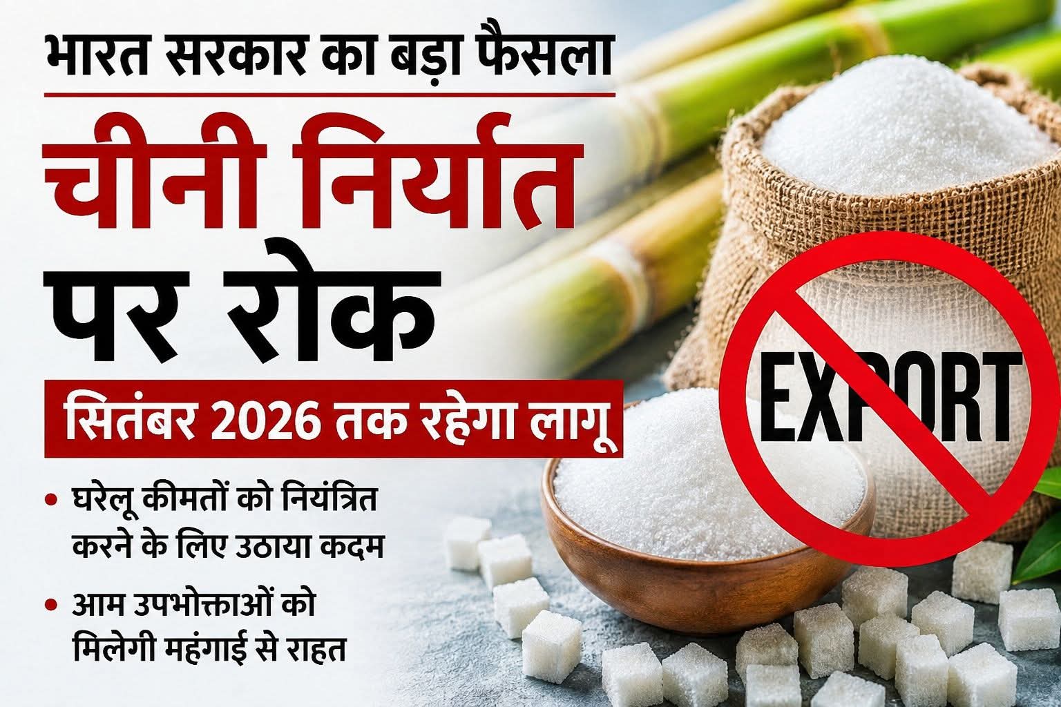 भारत सरकार ने चीनी निर्यात पर लगाई रोक, सितंबर 2026 तक रहेगा फैसला लागू